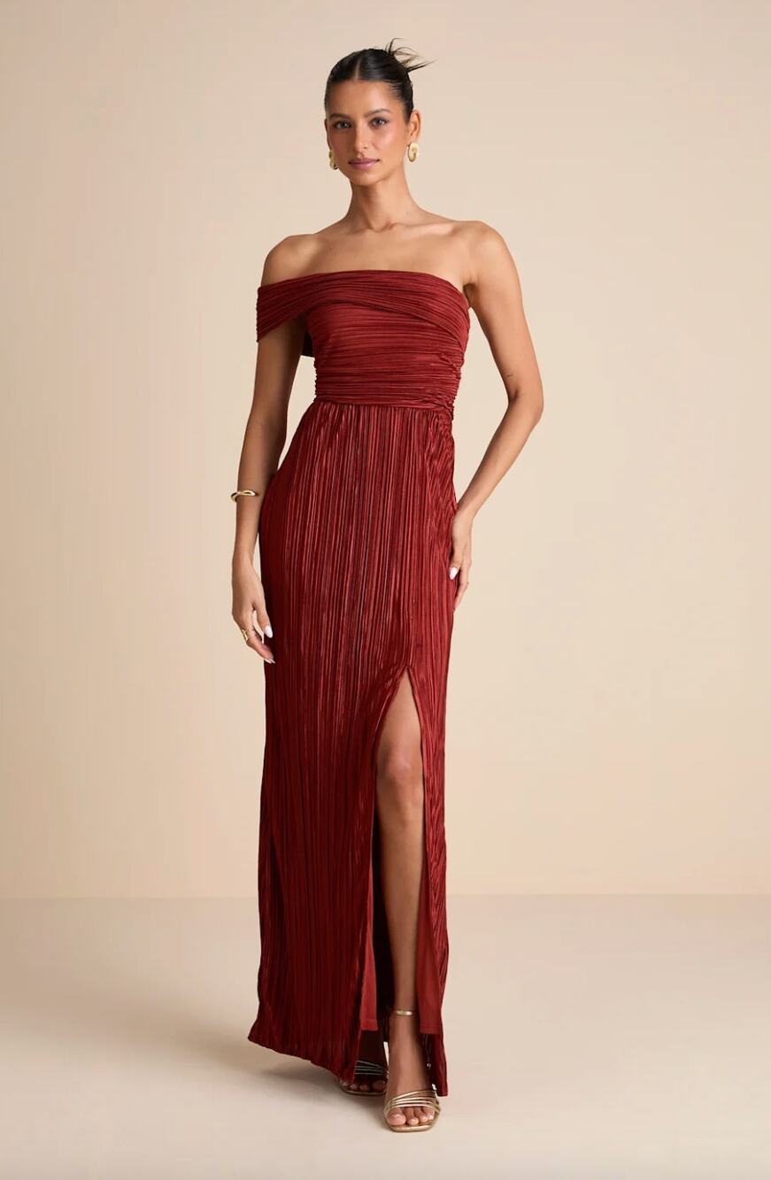 Lulus Poised Performance Rust Red Plisse One-Shoulder Maxi Dress Formal S NWT